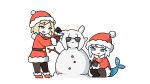  blonde_hair blue_eyes blue_hair fish_tail fur_trim gawr_gura hat highres hololive hololive_english medium_hair multicolored_hair multiple_girls ninomae_ina&#039;nis santa_costume santa_hat shark_tail silver_hair snow snowman streaked_hair sunglasses tail takeru_(hashiru11275) virtual_youtuber watson_amelia 