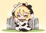  1girl animal_costume animal_print baby_bottle blush bottle chibi commentary_request cow_costume cow_print hood hood_up horned_hood horns idolmaster idolmaster_cinderella_girls kneeling looking_at_viewer milk_churn sakurai_momoka smile smug solo takato_kurosuke 