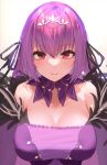  1girl bangs bare_shoulders blush breasts cleavage detached_collar dress fate/grand_order fate_(series) feather_trim hair_between_eyes highres jewelry large_breasts long_hair long_sleeves looking_at_viewer pendant purple_dress purple_hair red_eyes scathach_(fate) scathach_skadi_(fate) smile solo tiara yamamura_umi 