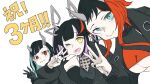  3girls bangs black_gloves black_hair black_jacket black_nails black_shirt black_sports_bra blue_eyes blue_hair blunt_bangs breasts closed_mouth commentary_request demon_girl demon_horns ear_chain eyebrows_visible_through_hair fang fang_out gin_(tttetu123) gloves heart heart_print highres horns jacket jewelry kojo_anna large_breasts long_hair long_sleeves looking_at_viewer medium_breasts multicolored_hair multiple_girls nail_polish open_clothes open_jacket open_mouth pointy_ears purple_hair red_eyes red_hair red_sports_bra ring ryugasaki_rene see-through_shirt shirt shishio_chris short_hair simple_background skin_fang sleeveless sleeveless_shirt smile sports_bra sugar_lyric two-tone_hair underboob upper_body virtual_youtuber w white_background yellow_eyes 