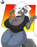  4:5 absurd_res anthro breasts burger chrisandcompany cleavage clothed clothing female food hair hi_res kelsey_sienna ketchup mammal mephitid skunk solo 