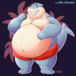  2021 anthro belly big_belly bodily_fluids clothing cookie dreamworks fish food hi_res male marine moobs mr._shark_(the_bad_guys) nipples obese obese_male overweight overweight_male shark solo stompsthecroc sweat swimwear the_bad_guys 