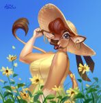  absurd_res anthro big_breasts bovid bovine breasts cattle clothing dress ear_piercing ear_ring eyebrows eyelashes female flower flower_petals hair hi_res holivi looking_at_viewer mammal open_mouth petals piercing plant shoulder_tuft solo sun_hat tuft 