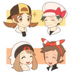  2boys 2girls ^_^ backwards_hat baseball_cap black_hair brendan_(pokemon) brown_hair cabbie_hat closed_eyes commentary_request ethan_(pokemon) hair_ribbon hat hat_ribbon headwear_switch jaho laughing long_hair lyra_(pokemon) may_(pokemon) multiple_boys multiple_girls pokemon pokemon_(game) pokemon_hgss pokemon_oras ribbon short_hair smile sparkle sweatdrop tan twintails 