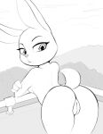  2021 anthro arteficialtrees bent_over breasts butt claws cloud disney eyelashes female fingers genitals half-closed_eyes hand_on_arm hi_res judy_hopps lagomorph leporid looking_at_viewer looking_back looking_back_at_viewer mammal monochrome narrowed_eyes nude outside presenting presenting_hindquarters presenting_pussy pussy rabbit rear_view scut_tail short_tail side_boob sketch sky solo zootopia 