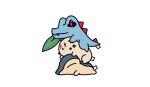  character_doll chikorita commentary_request cyndaquil from_side jaho label no_humans pokemon red_eyes simple_background stack still_life stitches totodile white_background 