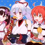  3girls ahoge bangs bare_shoulders black_hair bow breasts chaldea_uniform chips controller eating eyebrows_visible_through_hair fate/grand_order fate_(series) food fujimaru_ritsuka_(female) game_controller hair_between_eyes hair_bow hair_ornament hair_ribbon hairband holding jacket japanese_clothes large_breasts long_hair long_sleeves multiple_girls open_mouth orange_hair osakabe-hime_(fate) ponytail red_eyes ribbon sara_(kurome1127) silver_hair tomoe_gozen_(fate) 