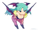  1girl animal_print bat_print bat_wings bent_over black_leotard blue_hair boots breasts chibi cleavage closed_mouth hand_on_hip head_wings highres kotatsu_(g-rough) leotard long_hair looking_at_viewer morrigan_aensland pantyhose pink_legwear signature simple_background smile smug solo vampire_(game) white_background wings yellow_eyes 