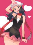  1girl :d arm_up beanie black_shirt bracelet collarbone commentary_request dawn_(pokemon) eyelashes grey_eyes hat head_tilt heart highres jewelry open_mouth pink_background pink_skirt pokemon pokemon_(game) pokemon_dppt poketch red_scarf ririmon scarf shirt skirt sleeveless sleeveless_shirt smile solo teeth tongue upper_teeth watch white_headwear wristwatch 