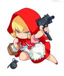  1girl apron basket blonde_hair blue_eyes bulleta chibi explosive full_body grenade grin gun highres holding holding_basket hood hood_up imi_uzi kotatsu_(g-rough) looking_at_viewer medium_hair red_hood red_skirt signature simple_background skirt smile solo submachine_gun vampire_(game) weapon white_apron white_background 