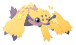  bug commentary_request evolutionary_line galvantula jaho joltik no_humans pokemon pokemon_(creature) riding riding_pokemon simple_background spider standing white_background yellow_fur 