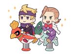  2boys black_sweater blonde_hair blush_stickers brown_hair cape closed_mouth commentary_request eusine_(pokemon) gloves green_eyes headband ho-oh jacket jaho long_sleeves male_focus morty_(pokemon) multiple_boys open_mouth pants pokemon pokemon_(game) pokemon_oras purple_headband purple_jacket purple_pants purple_scarf red_footwear scarf shoes short_hair simple_background sitting smile sparkle spring_rider suicune sweater teeth themed_object upper_teeth white_background white_cape white_gloves white_pants 