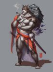  2017 6suan anthro arm_tattoo asian_clothing bone bracelet canid canine canis chest_tattoo clothed clothing east_asian_clothing eye_patch eyewear featureless_chest fundoshi hi_res japanese_clothing jewelry male mammal melee_weapon muscular muscular_anthro muscular_male partially_clothed rope scabbard shadow simple_background skull smoke smoking_pipe solo spiked_bracelet spikes standing sword tattoo underwear weapon wolf year 