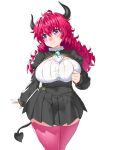  1girl alma_(onsoku_inu) blush breasts brown_skirt closed_mouth covered_navel demon_horns demon_tail hand_up high-waist_skirt highres horns juliet_sleeves large_breasts legs_together long_hair long_sleeves looking_to_the_side miniskirt onsoku_inu original pink_legwear pleated_skirt puffy_sleeves purple_eyes red_hair simple_background skirt smile solo tail thighhighs white_background zettai_ryouiki 