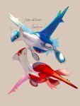  claws closed_mouth commentary_request grey_background latias latios looking_up milestone_celebration no_humans open_mouth pecohophop pokemon pokemon_(creature) red_eyes thank_you yellow_eyes 