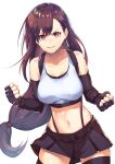  1girl bangs belt black_hair boxing_gloves breasts brown_eyes eyebrows_behind_hair eyebrows_visible_through_hair final_fantasy final_fantasy_vii fingerless_gloves gloves hair_between_eyes long_hair looking_at_viewer midriff navel ponytail shimotsuki_shio shorts solo sports_bra thighhighs tifa_lockhart vest 