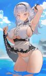  1girl 550098 absurdres apron arm_up armpits azur_lane bangs black_skirt blush breasts closed_mouth clothes_lift cowboy_shot dido_(azur_lane) earrings eyebrows_visible_through_hair hair_ornament highres in_water jewelry large_breasts long_hair looking_at_viewer outdoors panties pink_eyes silver_hair skirt skirt_lift solo thighs underwear water white_apron white_panties 