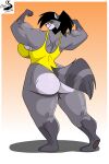  2:3 absurd_res anthro butt chrisandcompany clothing female flexing hair hi_res leotard mammal procyonid raccoon solo 