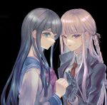  2girls bangs black_background black_gloves black_jacket black_ribbon blue_eyes blue_hair blue_sailor_collar bow bowtie braid brown_necktie closed_mouth collared_shirt commentary_request danganronpa:_trigger_happy_havoc danganronpa_(series) from_side gloves grey_hair grey_shirt hair_ornament hair_ribbon hairclip hands_up highres jacket kirigiri_kyouko long_hair long_sleeves looking_at_viewer maizono_sayaka multiple_girls necktie pink_bow pink_bowtie ribbon sailor_collar school_uniform shiny shiny_hair shirt side_braid takano_(knfu8254) 