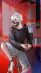  1boy bangs barefoot black_background black_jacket blue_background chain collarbone foot_out_of_frame grey_hair grey_shorts highres hood hood_down hooded_jacket jacket kaneki_ken kyuuba_melo long_sleeves male_focus mask mouth_mask multicolored_background own_hands_together red_background red_eyes short_hair shorts sitting solo teeth_print tokyo_ghoul torn_clothes torn_shorts 