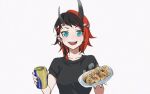  1girl alternate_costume bangs beer_can black_hair black_shirt blue_eyes blush breasts can chain commentary_request demon_girl demon_horns ear_chain ear_piercing food gin_(tttetu123) hachimaki headband holding holding_can holding_plate horns large_breasts looking_at_viewer multicolored_hair open_mouth piercing plate pointy_ears red_hair ryugasaki_rene shirt short_hair simple_background smile solo sugar_lyric t-shirt takoyaki two-tone_hair upper_body virtual_youtuber white_background 