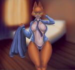  anthro areola big_breasts breasts clothed clothing diane_foxington dreamworks eyewear female fur genitals glasses humanoid jacket looking_at_viewer nipples panties pussy red_body red_fur solo the_bad_guys topwear underwear unknown_artist wide_hips 