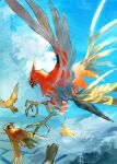  animal_focus beak bird commentary_request day flying no_humans open_mouth outdoors pecohophop pidgey pokemon pokemon_(creature) talonflame talons 