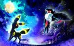  bird bright_pupils building cloud commentary_request from_below glowing glowing_eyes grass highres honchkrow moon night no_humans outdoors pokemon pokemon_(creature) power_lines red_eyes sky standing star_(sky) umbreon utility_pole white_pupils yyy9696yyy 