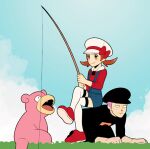  1boy 1girl blue_overalls blush bow brown_eyes brown_hair cabbie_hat closed_mouth cloud commentary_request crossed_legs day fishing fishing_rod grass hat hat_bow holding holding_fishing_rod jaho long_hair lyra_(pokemon) outdoors overalls pokemon pokemon_(creature) pokemon_(game) pokemon_hgss red_bow red_footwear red_shirt shirt shoes sitting sitting_on_person sky slowpoke smile team_galactic team_galactic_uniform team_rocket_grunt thighhighs twintails white_headwear white_legwear 