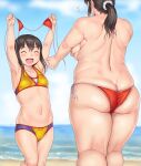  2girls arms_up beach bikini black_hair blurry blurry_background blush breasts character_request closed_eyes cloud cloudy_sky copyright_request feet_out_of_frame from_behind highres linea_alba multiple_girls navel orizen plump red_swimsuit shoulder_blades side-tie_bikini sky small_breasts swimsuit yellow_swimsuit 
