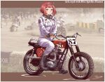  1girl absurdres alternate_costume ark_royal_(kancolle) bangs biker_clothes bikesuit blue_eyes blunt_bangs bob_cut bodysuit brown_gloves bsa_spitfire_hornet commentary_request fingerless_gloves full_body gloves goggles goggles_around_neck ground_vehicle hairband highres jumpsuit kantai_collection motor_vehicle motorcycle on_motorcycle red_hair riding short_hair sitting solo thrux tiara white_jumpsuit 