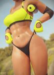  1girl 3d absurdres adjusting_clothes artist_name bikini black_bikini black_nails blurry blurry_background breasts commentary cowboy_shot dark-skinned_female dark_skin day elbow_pads english_commentary fingerless_gloves gloves head_out_of_frame highres medium_breasts mismatched_bikini nail_polish navel outdoors overwatch pharah_(overwatch) plastic_bottle solo standing stomach sweat swimsuit toned yeero yellow_bikini 