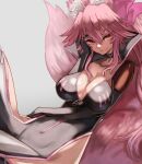  1girl animal_ear_fluff animal_ears black_bodysuit bodysuit bow breasts center_opening choker cleavage cleavage_cutout clothing_cutout collarbone eyebrows_visible_through_hair fate/grand_order fate_(series) fox_ears fox_girl fox_tail koyanskaya_(fate) large_breasts m0_chi pink_bow pink_hair ribbon_choker side_ponytail skin_tight smile solo tail tamamo_(fate) yellow_eyes 