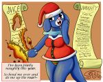  anthro big_breasts blue_body breasts burning christmas christmas_clothing christmas_headwear clothing cosplay female fire fizzy fizzy_pop_the_popplio hat headgear headwear hi_res holiday_clothing holidays list nintendo panties pok&eacute;mon pok&eacute;mon_(species) pok&eacute;morph popplio santa_coat santa_hat scroll sexybigears69 smile solo text thick_thighs underwear video_games 