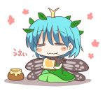  1girl =_= antennae aqua_hair blush blush_stickers butterfly_wings closed_mouth dress eating eternity_larva eyebrows_visible_through_hair fairy food food_on_face green_dress hair_between_eyes holding holding_food honey honeypot leaf leaf_on_head motion_lines multicolored_clothes multicolored_dress rokugou_daisuke short_hair short_sleeves single_strap smile solo touhou white_background wings 