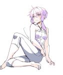  1girl :t ajishio bangs bare_arms bare_shoulders barefoot blush camisole closed_mouth collarbone criss-cross_halter eyebrows_visible_through_hair grey_pants hair_between_eyes halterneck highres knee_up long_hair looking_away pants pout purple_camisole purple_eyes purple_hair simple_background single_hair_intake solo sweat vocaloid voiceroid white_background yuzuki_yukari 