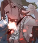  1girl blurry blurry_foreground brown_eyes brown_hair fireworks glowing green_neckerchief green_ribbon hair_intakes hair_ribbon holding_fireworks jintsuu_(kancolle) kantai_collection long_hair looking_at_viewer neckerchief neve orange_shirt outdoors outstretched_arm parted_lips ribbon sailor_collar sarashi school_uniform serafuku shirt signature sleeveless smile sparkler upper_body white_sailor_collar 