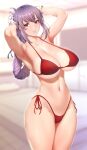  1girl adjusting_hair armpits arms_up bikini braid braided_ponytail breasts cleavage collarbone curvy fate/grand_order fate_(series) florence_nightingale_(fate) gloves highleg highleg_bikini highres large_breasts legs_together lips long_hair looking_at_viewer navel purple_hair red_bikini red_eyes shiny shiny_hair side-tie_bikini single_braid smile solo standing stomach swimsuit thick_thighs thighs underboob undersized_clothes white_gloves zucchini 