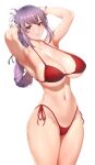  1girl adjusting_hair armpits arms_up bikini braid braided_ponytail breasts cleavage collarbone curvy fate/grand_order fate_(series) florence_nightingale_(fate) gloves highleg highleg_bikini highres large_breasts legs_together lips long_hair looking_at_viewer navel parted_lips purple_hair red_bikini red_eyes shiny shiny_hair side-tie_bikini simple_background single_braid solo standing stomach swimsuit thick_thighs thighs underboob undersized_clothes white_background white_gloves zucchini 