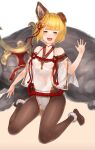  1girl animal animal_ears bare_shoulders black_legwear blonde_hair blush braid breasts dog_ears dress erune granblue_fantasy hair_ornament highres looking_at_viewer open_mouth pantyhose short_hair simple_background smile vajra_(granblue_fantasy) yu_mochi_(kamiinu) 