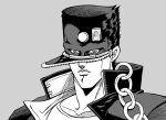  black_eyes black_hair black_jacket chain closed_mouth collarbone earrings ears eyes_visible_through_headwear frown gakuran greyscale hat jacket jewelry jojo_no_kimyou_na_bouken kujo_jotaro monochrome ring school_uniform stud_earrings what 