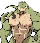  2021 abs absurd_res anthro barazoku big_muscles body_hair chest_hair darknaigart dinosaur facial_hair hi_res huge_muscles jace_(darknaig) looking_at_viewer male muscular muscular_anthro muscular_male navel nipples non-mammal_nipples nude obliques pecs pubes reptile scalie simple_background smile solo standing tattoo teeth theropod tyrannosaurid tyrannosaurus tyrannosaurus_rex white_background 