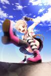  1girl :d asymmetrical_legwear black_legwear blue_sky blurry brown_eyes chain day fingerless_gloves full_body gloves hair_ornament hairclip hand_up highres idolmaster idolmaster_cinderella_girls idolmaster_cinderella_girls_starlight_stage kicking lens_flare looking_at_viewer mismatched_legwear outdoors pink_footwear senzaki_ema short_hair skirt sky smile solo star_(symbol) star_hair_ornament striped striped_legwear studded_bracelet taidanotori thighhighs wristband 