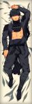  1boy abs abs_cutout absurdres arm_up armor bangs bara black_hair bulge dakimakura_(medium) doudanuki_masakuni full_body highres japanese_armor looking_at_viewer lvlv male_focus muscular muscular_male scar scar_on_face short_hair solo touken_ranbu yellow_eyes 