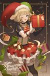  1girl ;d animal_ears annelie_(dragalia_lost) asymmetrical_legwear black_gloves black_legwear blonde_hair blue_eyes box breasts commentary commission crop_top dragalia_lost elbow_gloves english_commentary facial_mark fur-trimmed_headwear fur-trimmed_legwear fur_trim gift gift_box gloves hat hentaki highres holding holding_gift jester_cap merry_christmas midriff mismatched_legwear navel one_eye_closed pleated_skirt puffy_short_sleeves puffy_sleeves red_skirt short_sleeves single_elbow_glove skirt small_breasts smile solo star_(symbol) striped striped_legwear teeth upper_teeth vertical-striped_legwear vertical_stripes white_gloves 