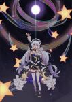  1girl :d absurdres bangs bare_shoulders black_dress black_sleeves blue_eyes dress frilled_dress frills full_body full_moon hair_ribbon highres honkai_(series) honkai_impact_3rd kile_chou long_hair looking_up moon open_mouth outstretched_arm ribbon smile solo space star_(sky) theresa_apocalypse theresa_apocalypse_(celestial_hymn) thighhighs twintails white_hair white_legwear 