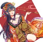  1girl :d bangs bare_shoulders black_hair black_kimono breasts brown_eyes cleavage collarbone copyright_request dutch_angle eyebrows_visible_through_hair hair_between_eyes hair_ornament holding holding_pipe japanese_clothes kimono kiseru large_breasts long_hair nekozuki_yuki off_shoulder pipe pointy_ears red_background smile smoke solo two-tone_background very_long_hair white_background 