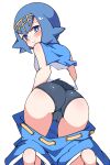 1girl ass barefoot blue_eyes blue_hair blue_pants blue_swimsuit blush cameltoe clothes_pull feet from_behind hairband highres kakihou kneeling lana_(pokemon) looking_at_viewer looking_back one-piece_swimsuit pants pants_pull pokemon pokemon_(game) pokemon_sm presenting school_swimsuit shirt short_hair short_sleeves simple_background smile soles solo swimsuit swimsuit_under_clothes thighs white_background white_shirt 