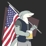  alcohol arm_tattoo atlantic_sharpnose_shark beer beverage bud_(young-jacob) clothing fish flag flagpole grey_clothing grey_jacket grey_shirt grey_topwear hi_res holding_beer holding_flag holding_object jacket male marine patriotism politics requiem_shark shark sharpnose_shark shirt solo tattoo topwear united_states_of_america young-jacob 