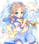  1boy angel_wings beamed_eighth_notes blonde_hair blue_eyes blue_headwear blue_sailor_collar blue_shorts bulge collar collarbone cowboy_shot eighth_note feathered_wings green_eyes hair_ornament hairclip heterochromia holding holding_instrument instrument leeannpippisum long_sleeves male_focus music musical_note navel original playing_instrument pointy_ears quarter_note sailor_collar sailor_shirt shirt short_hair shorts staff_(music) star_(symbol) star_hair_ornament treble_clef trumpet white_wings wings 